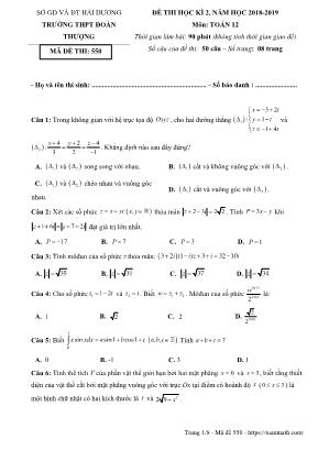 Đề kiểm tra học kỳ II môn Toán Lớp 12 - Mã đề 550 - Năm học 2018-2019 - Trường THPT Đoàn Thượng (Có đáp án)